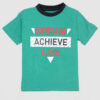 Boys green t-shirt with “Dream Achieve Live” motivational quote and black contrast collar