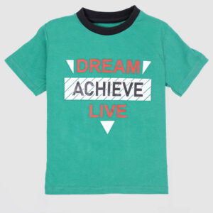 Boys green t-shirt with “Dream Achieve Live” motivational quote and black contrast collar