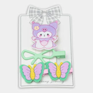 Features: Set of 4 cute and colorful hair clips Includes Kuromi, bow, and butterfly designs Pastel colors perfect for playful outfits Strong yet gentle grip Great gift for kids who love fun hair accessories