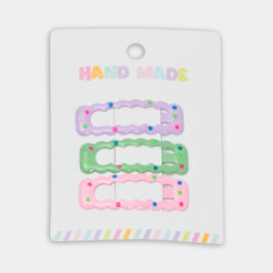 Features: Set of 3 handmade hair clips in pastel colors Fun wavy shape with colorful dot accents Gentle on hair – no pulling or breakage Perfect for daily wear, special events, or as a gift Suitable for toddlers and kids