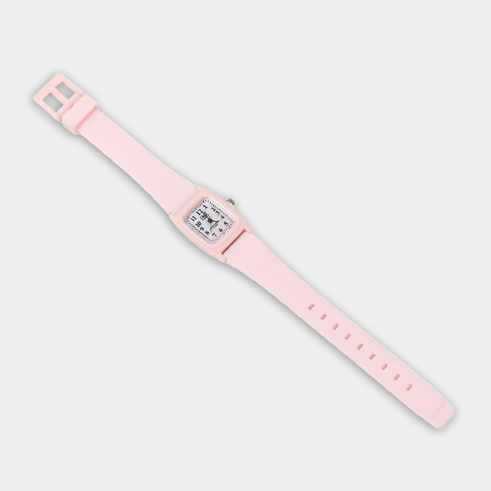 Key Features: Soft pastel pink strap for a sweet, youthful look Square dial with bold, easy-to-read numerals Comfortable, flexible silicone strap Reliable quartz movement for precise timekeeping Lightweight and perfect for daily wear Water-resistant for everyday activities