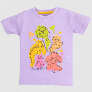 Girls' lavender t-shirt with colorful princess face print and “Let’s Go Far” text