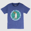 Boys' blue t-shirt with tropical paradise surfboard and palm tree graphic
