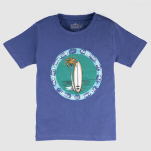 Boys' blue t-shirt with tropical paradise surfboard and palm tree graphic
