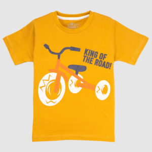Boys' mustard yellow t-shirt with "King of the Road" and tricycle graphic