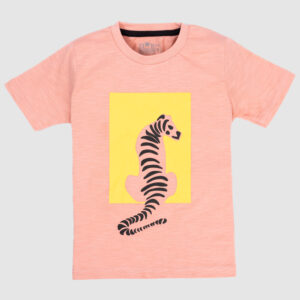 Girls' peach t-shirt with artistic black tiger print on yellow background