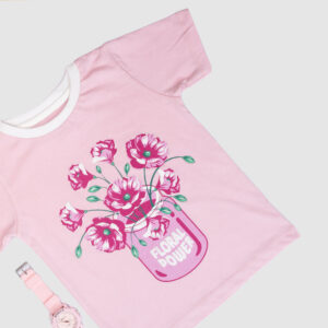 Girls' Pink T-Shirt with "Floral Power" Flower Jar Graphic