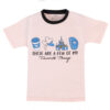 Kids' pink t-shirt with coffee, balloons, castle, headphones, and "Favorite Things" text