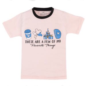 Kids' pink t-shirt with coffee, balloons, castle, headphones, and "Favorite Things" text