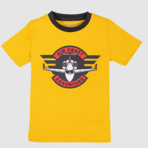 Kids’ yellow t-shirt with airplane graphic and "Air Craft Adventure" text