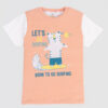 Kids' peach and white t-shirt with surfing tiger cartoon and summer text