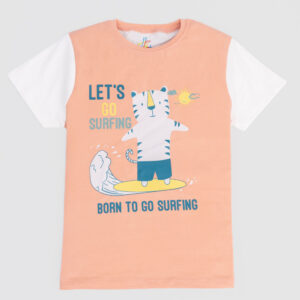 Kids' peach and white t-shirt with surfing tiger cartoon and summer text