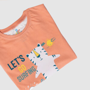 Kids' Peach T-Shirt with Surfing Tiger Graphic and "Born to Go Surfing" Text