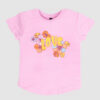 Pink girls' t-shirt with yellow "LOVE" text and colorful floral design