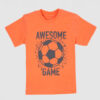Kids' orange t-shirt with soccer ball graphic and "Awesome Game" text
