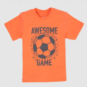 Kids' orange t-shirt with soccer ball graphic and "Awesome Game" text