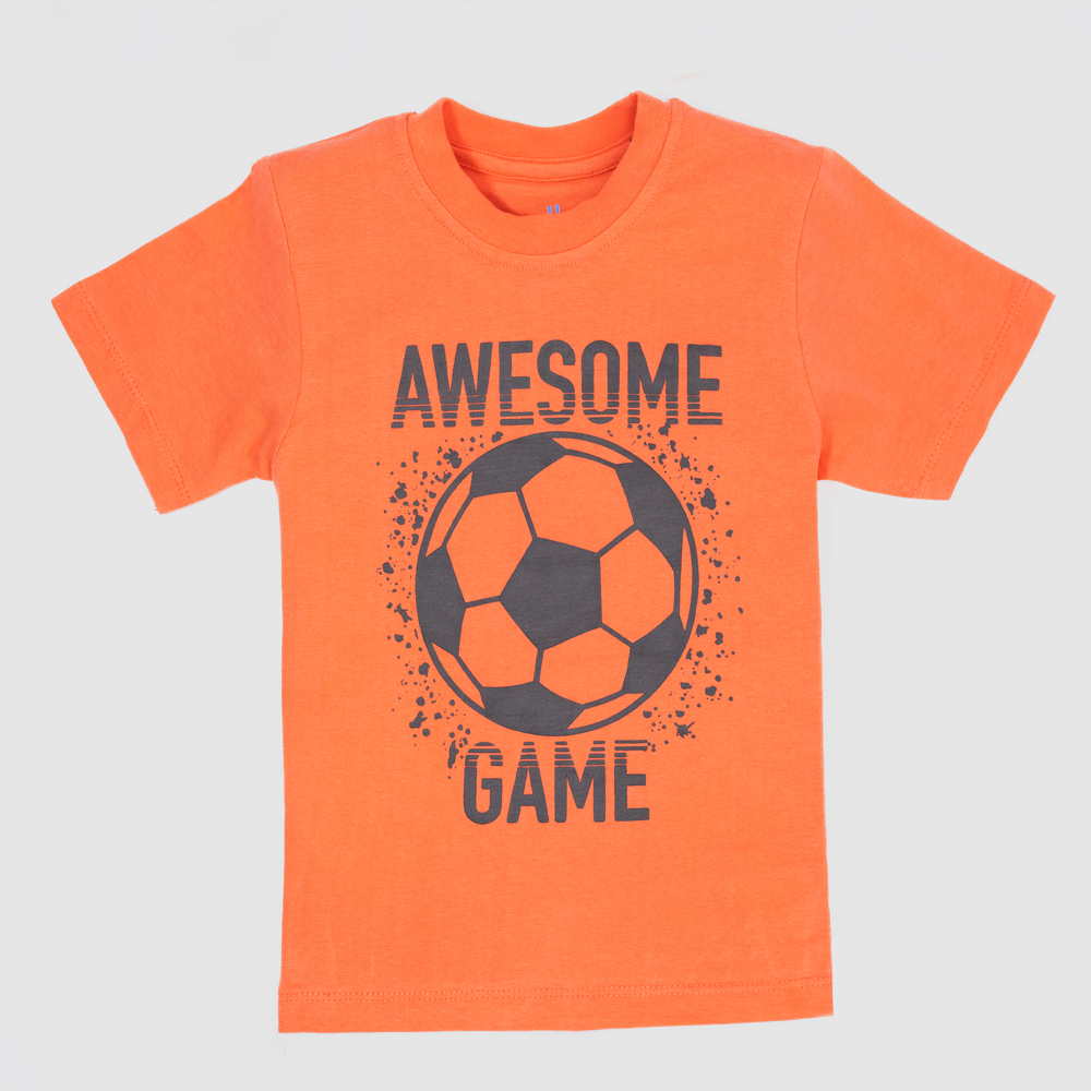 Kids' orange t-shirt with soccer ball graphic and "Awesome Game" text