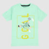 Boys mint green t-shirt with soccer bicycle kick and “GOAL” print