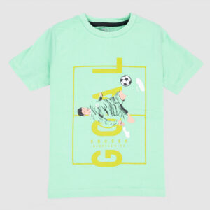 Boys mint green t-shirt with soccer bicycle kick and “GOAL” print