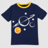 Boys navy blue t-shirt with space-themed graphic of planets and stars, yellow contrast collar