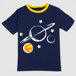 Boys navy blue t-shirt with space-themed graphic of planets and stars, yellow contrast collar