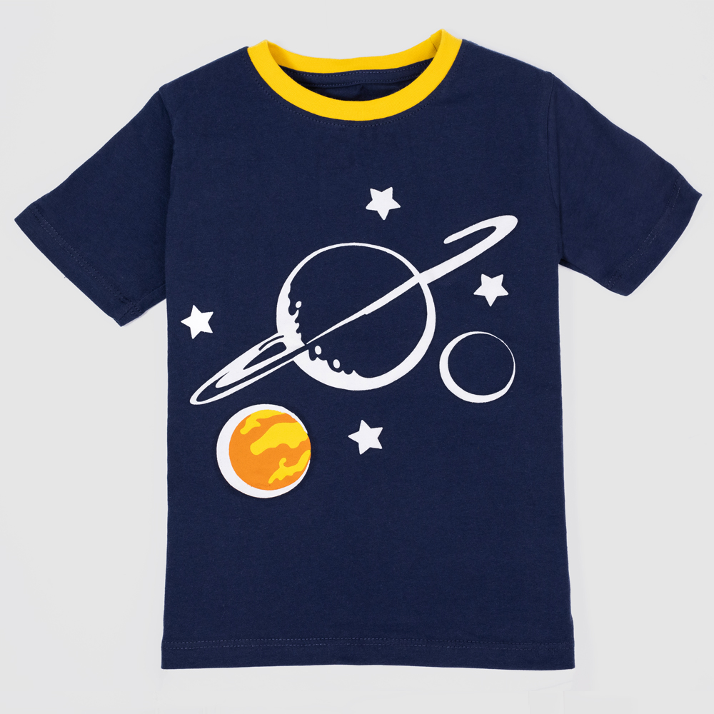 Boys navy blue t-shirt with space-themed graphic of planets and stars, yellow contrast collar