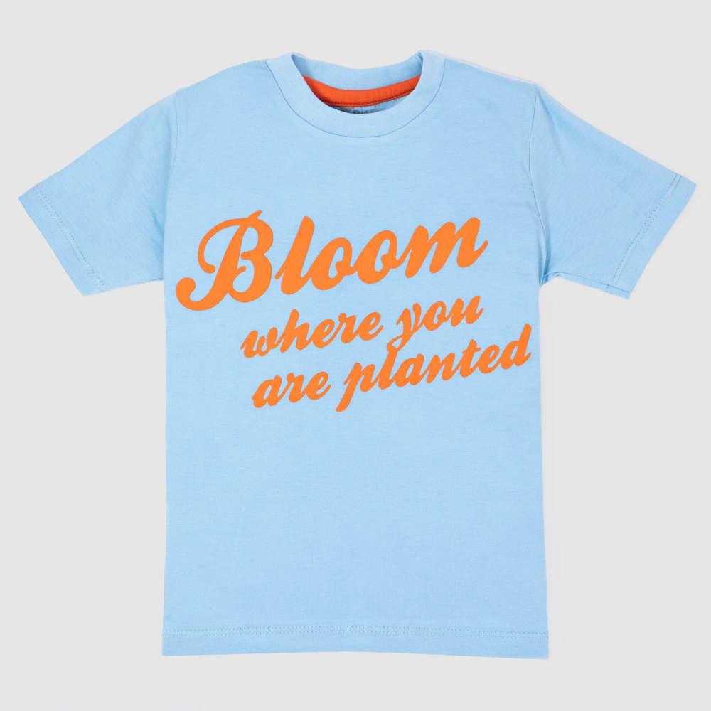 Sky blue boys t-shirt with orange “Bloom where you are planted” quote print