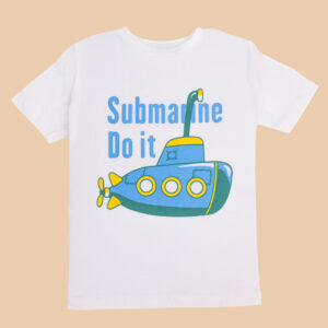 White boys t-shirt with colorful submarine graphic and text "Submarine Do It"
