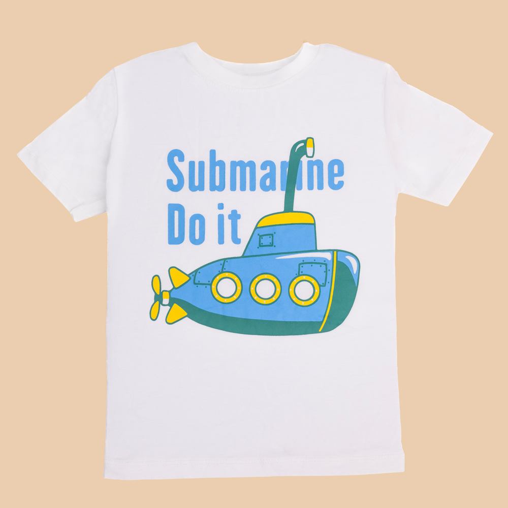 White boys t-shirt with colorful submarine graphic and text "Submarine Do It"
