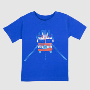Boys blue t-shirt with colorful truck and city graphic print