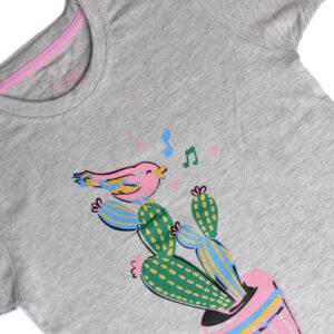 Kids grey t-shirt with cactus and singing bird print