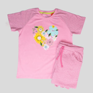 Girls' Pink T-Shirt with Heart-Shaped Floral Print