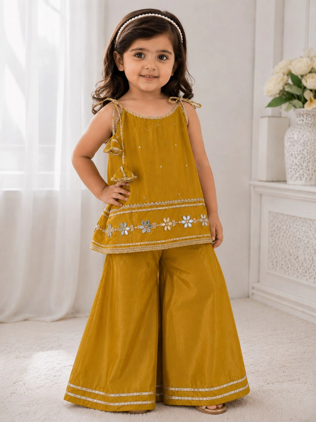 Mustard Mirror Work Sharara Set for Girls - Image 3