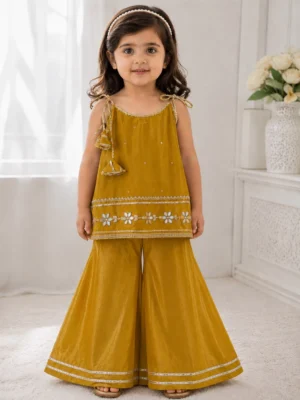 Mustard Mirror Work Sharara Set for Girls