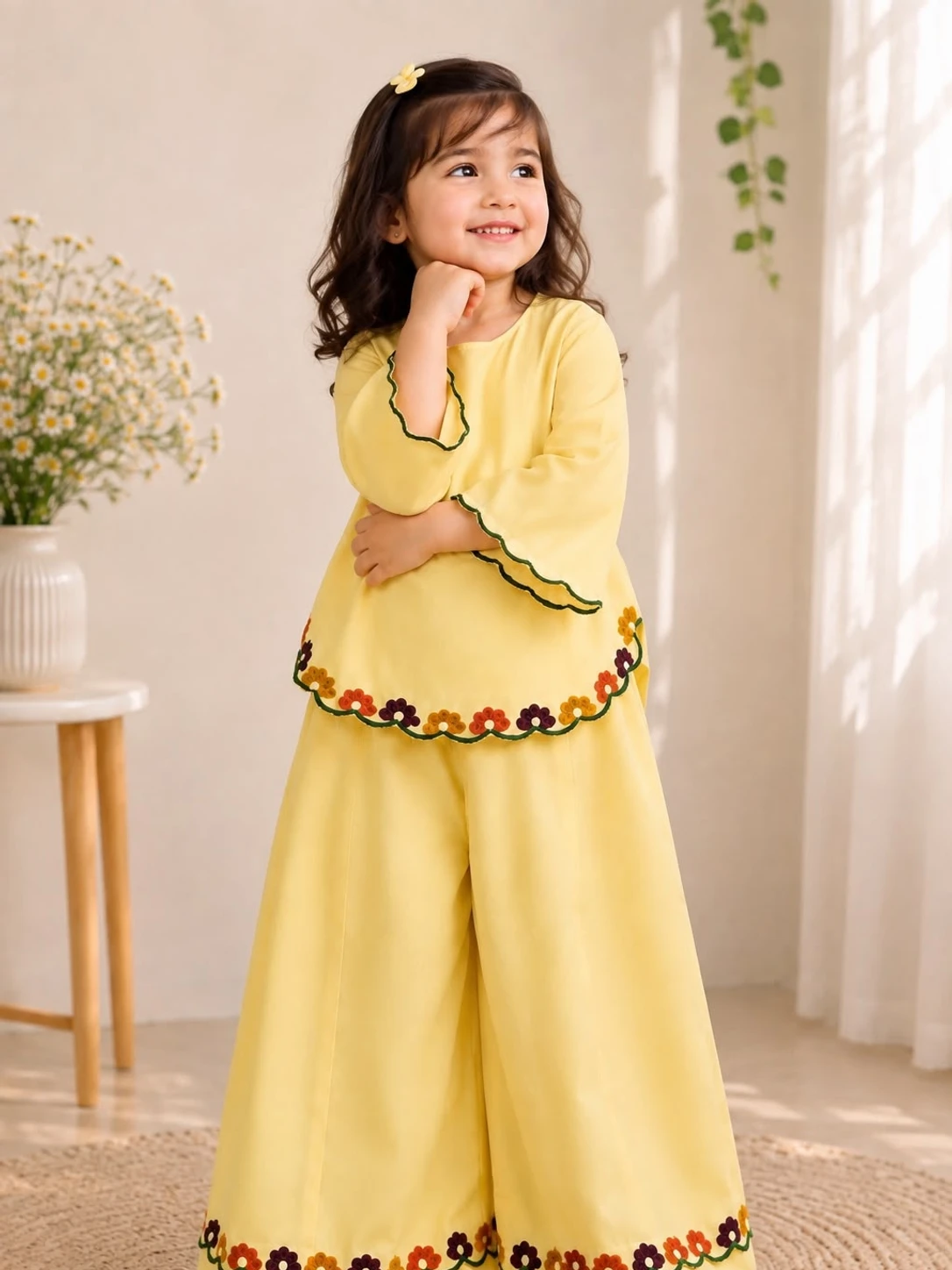 Girls Floral Scallop Set in yellow, full-body view