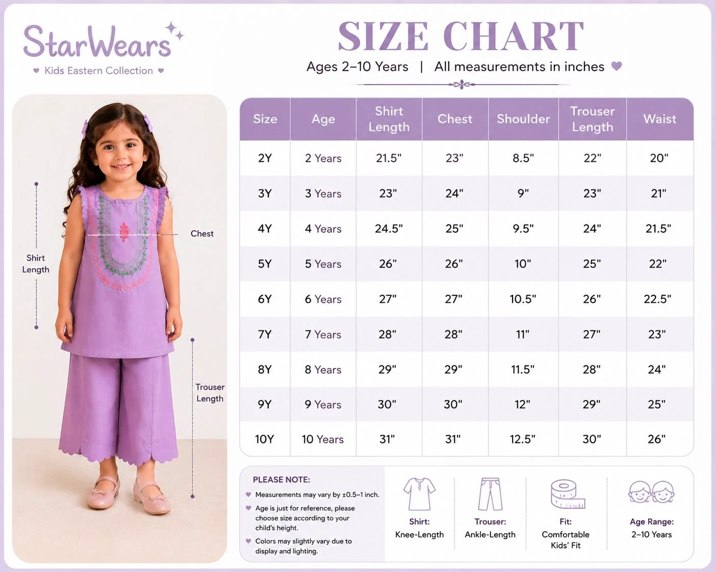 Lavender Bloom 2-Piece Suit size chart, ages 2-10 years